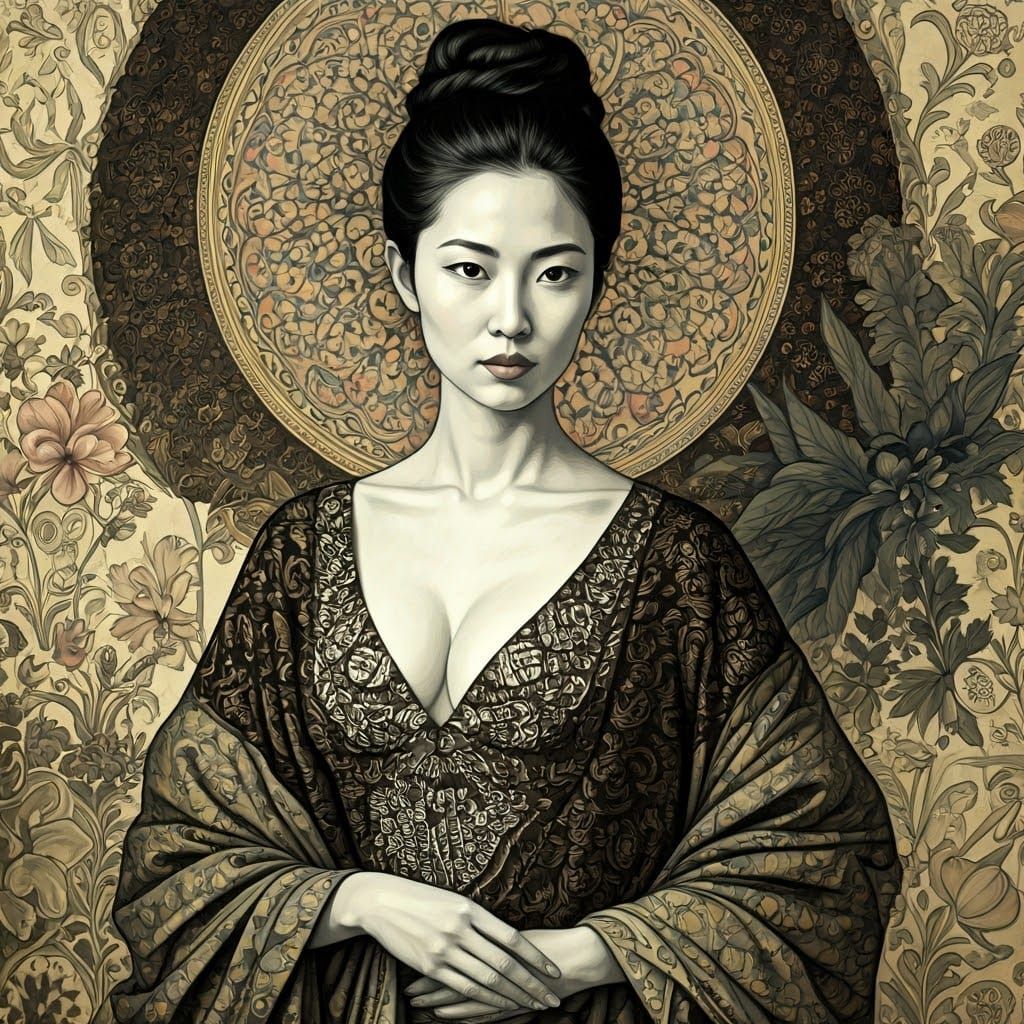 Surrealist Ink Painting of a Woman in a Kintsugi-Inspired Qu...