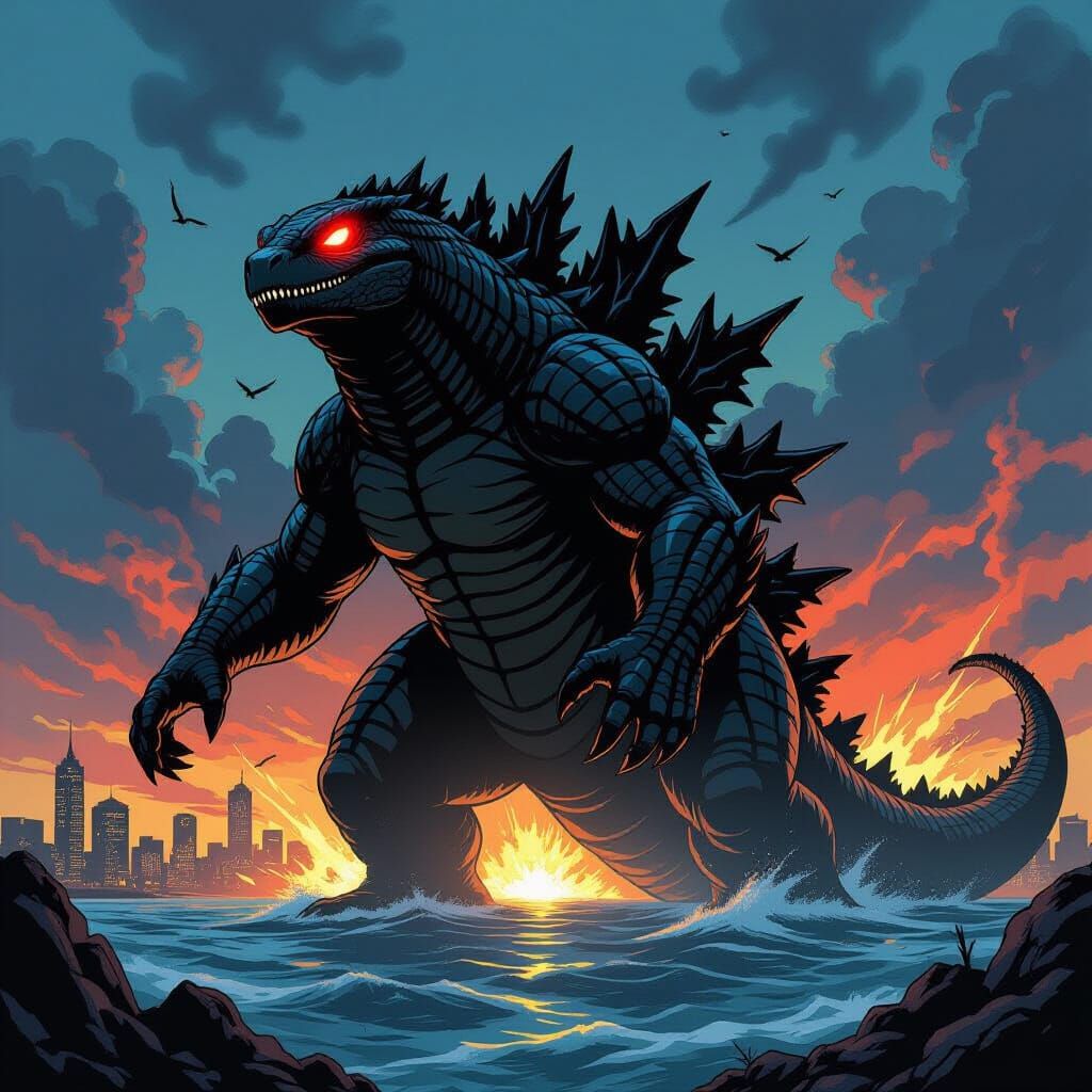 Colossal Kaiju Emerges From Ocean in Comic Art Style
