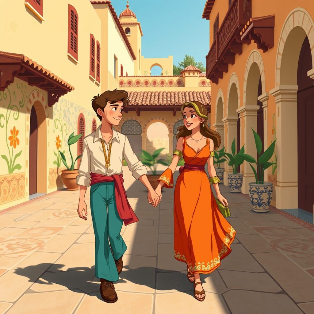 Young Lovers Stroll through Vibrant Spanish Plaza in Classic...