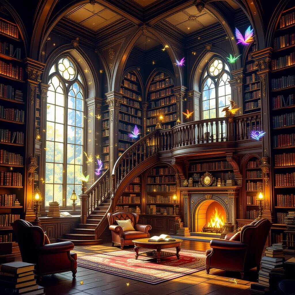Magical Library with Floating Books in Fantasy Art Style