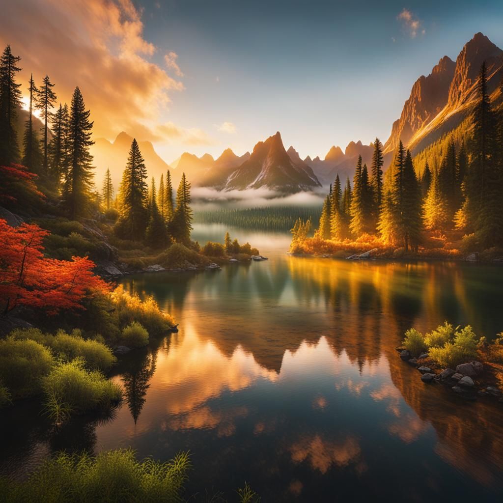 Serene Mountain Lake at Sunrise in Golden Light