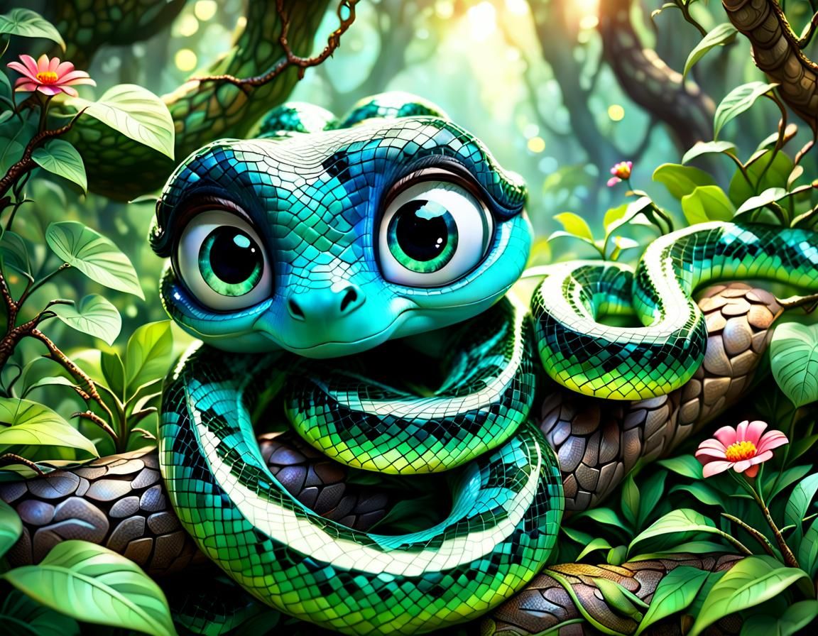 Glass Snake in Jungle, Pixar Style