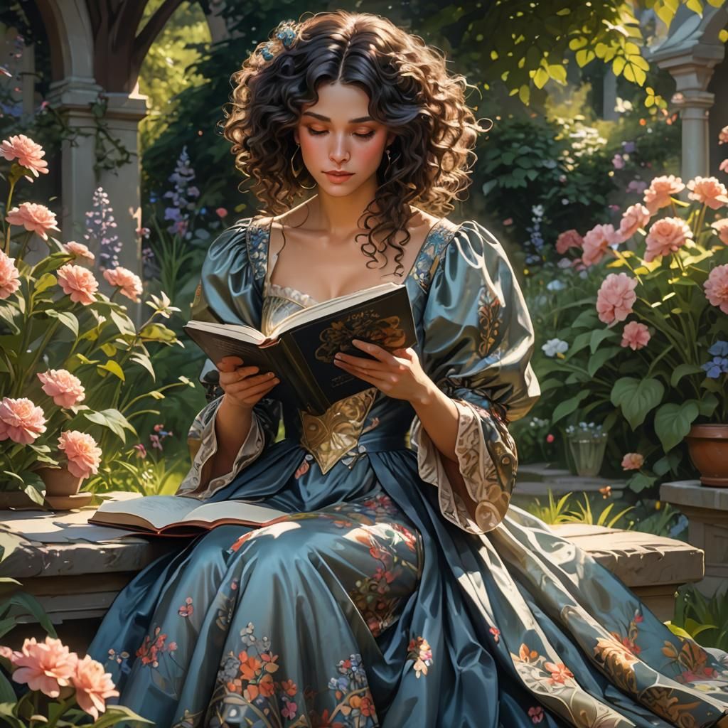 Woman Reading in Garden: Detailed Portrait