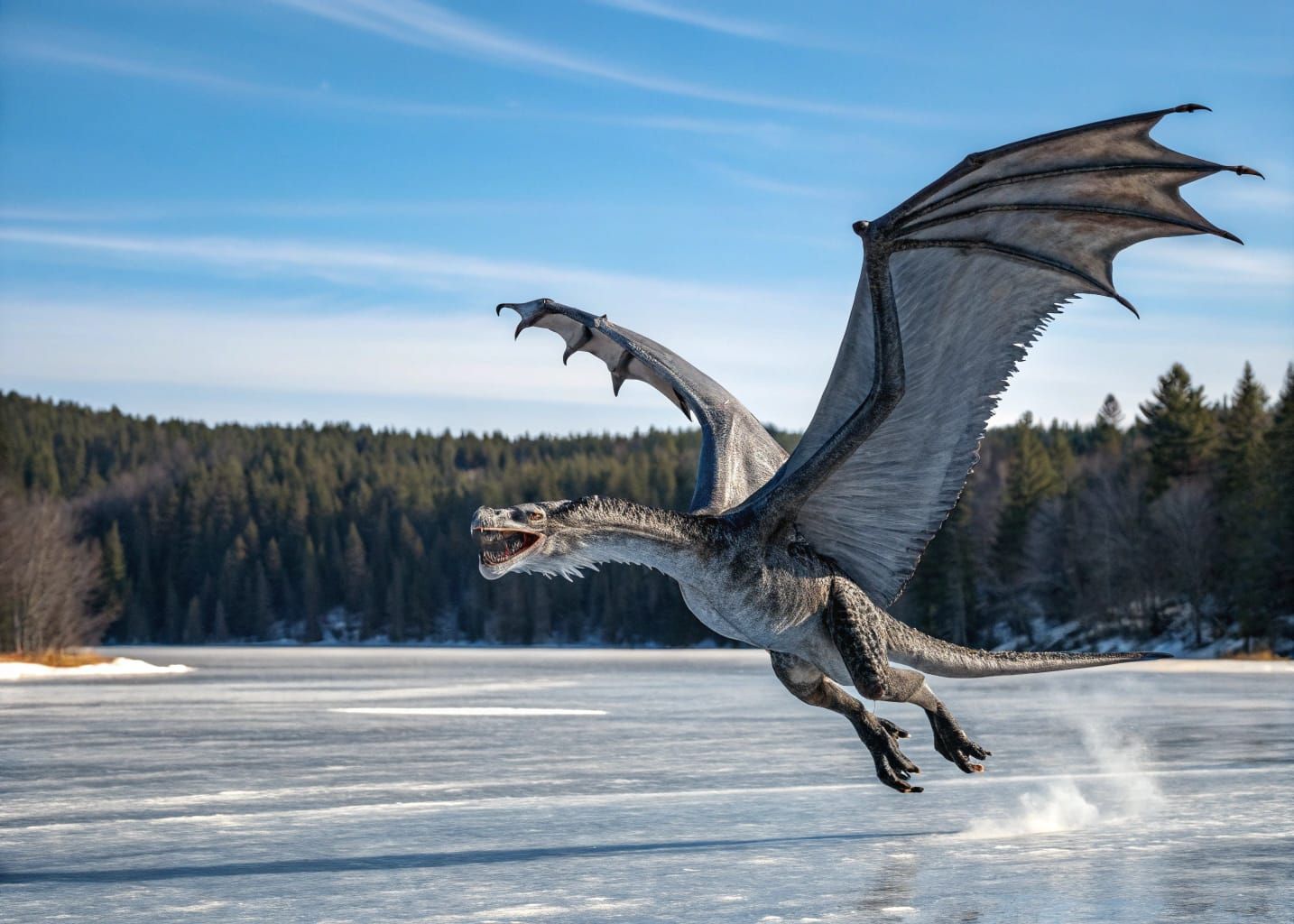 Feathered Canadian Dragon Flight Over Frozen Lake