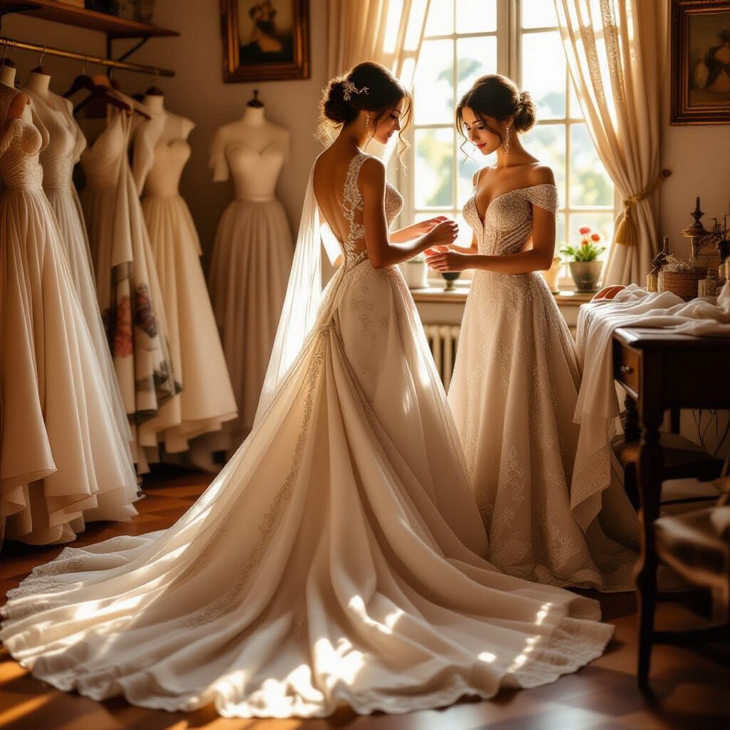 Stunning Seamstress Finishing Exquisite Gown in Pre-Raphaeli...