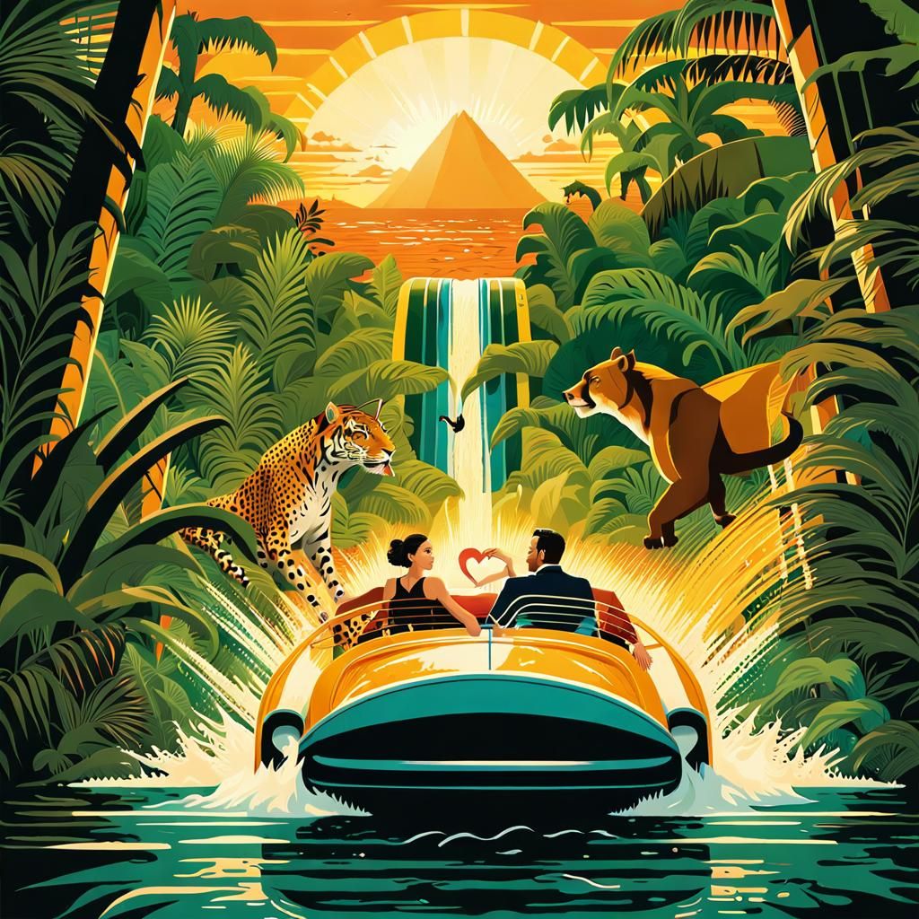 Art Deco Jungle Waterslide Adventure Poster