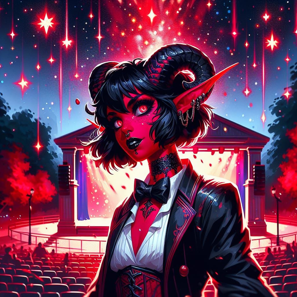 Tiefling Magician on Stage with Falling Stars
