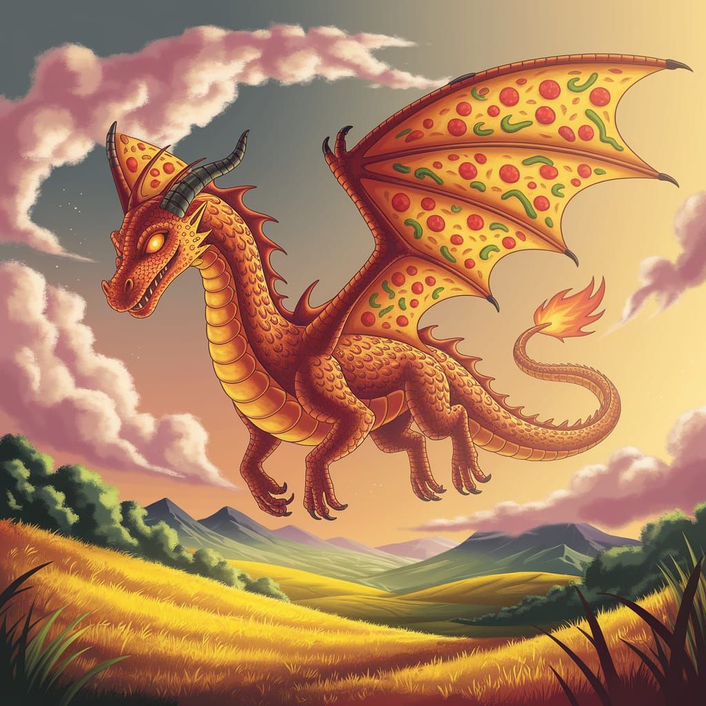Majestic Pizza Dragon Soaring Through Fantasy Landscape