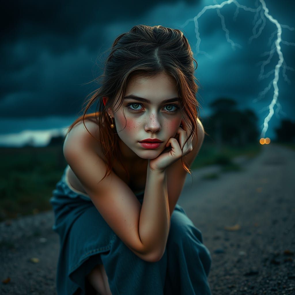 Mysterious Young Slavic Woman in Stormy Evening