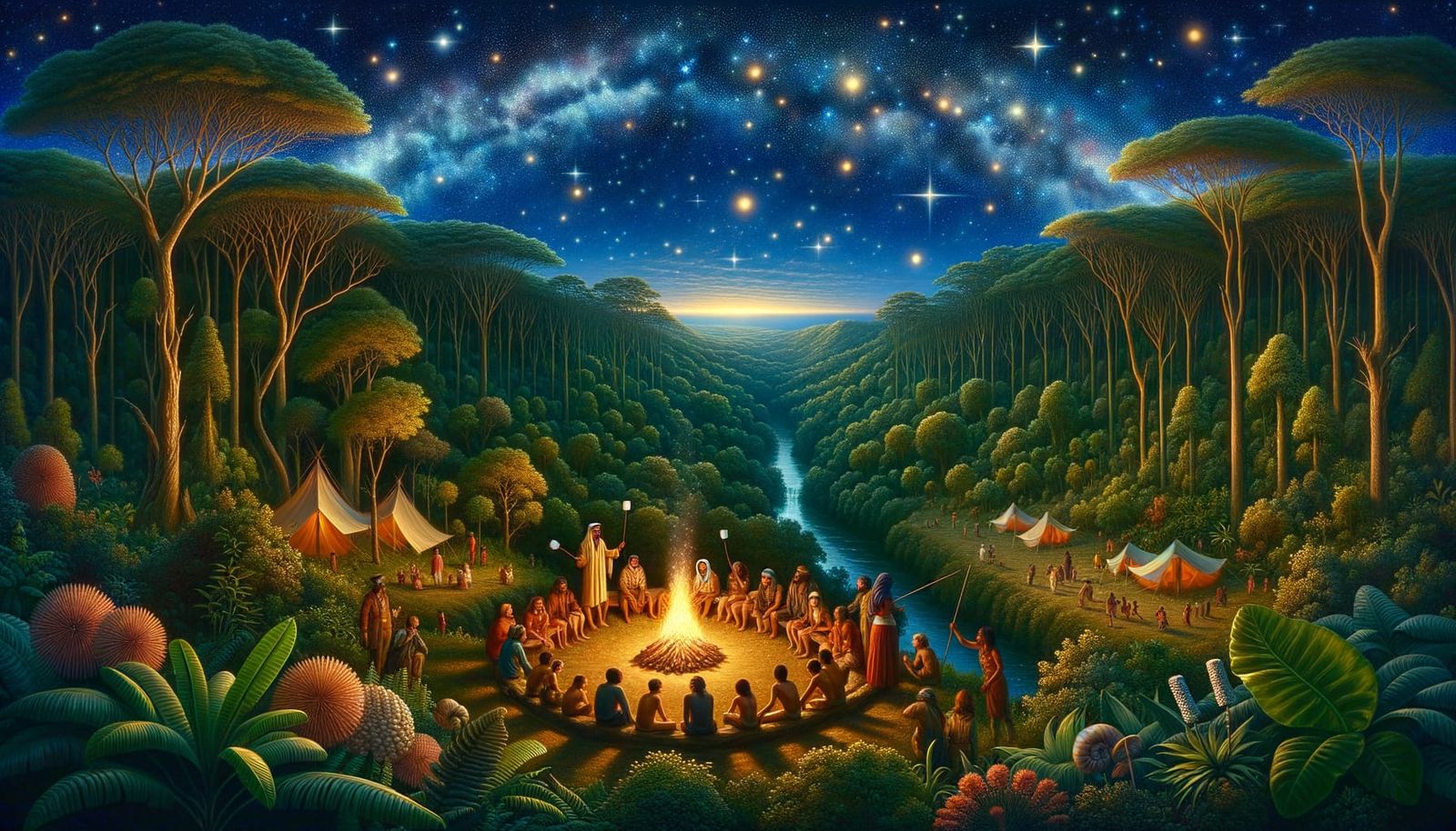 A beautiful nighttime sky filled with star constellations over a wilderness of green tress and exotic plants. In the for...