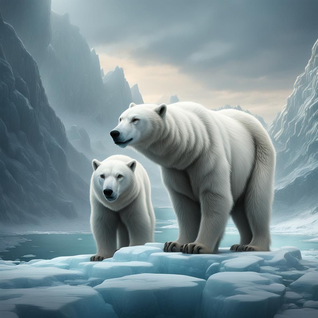 Polar Bear and Wolf on Icefield: Detailed Matte Painting