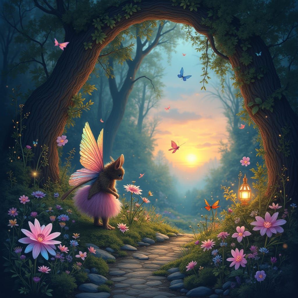 Surreal Twilight Garden Scene in Airbrushed Style