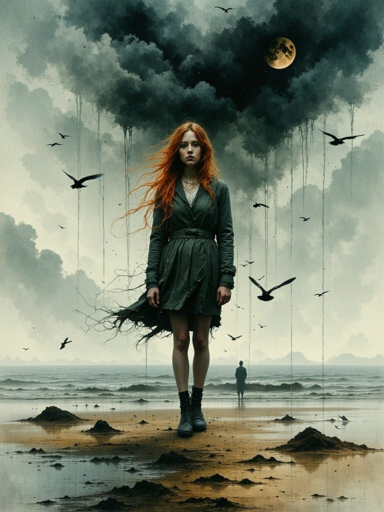 Melancholic Woman on Stormy Beach in Surrealist Style