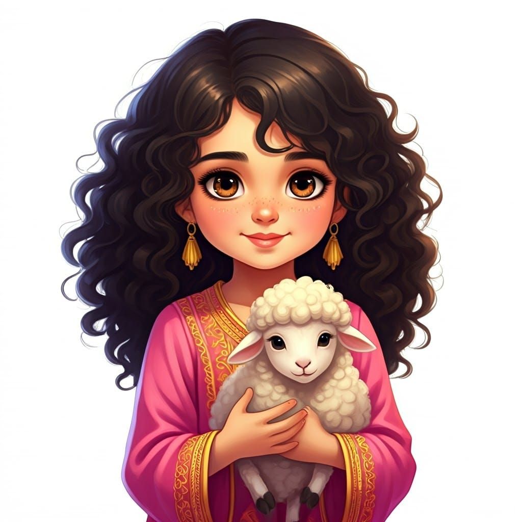 Algerian Girl with Sheep in Elegant Anime Style