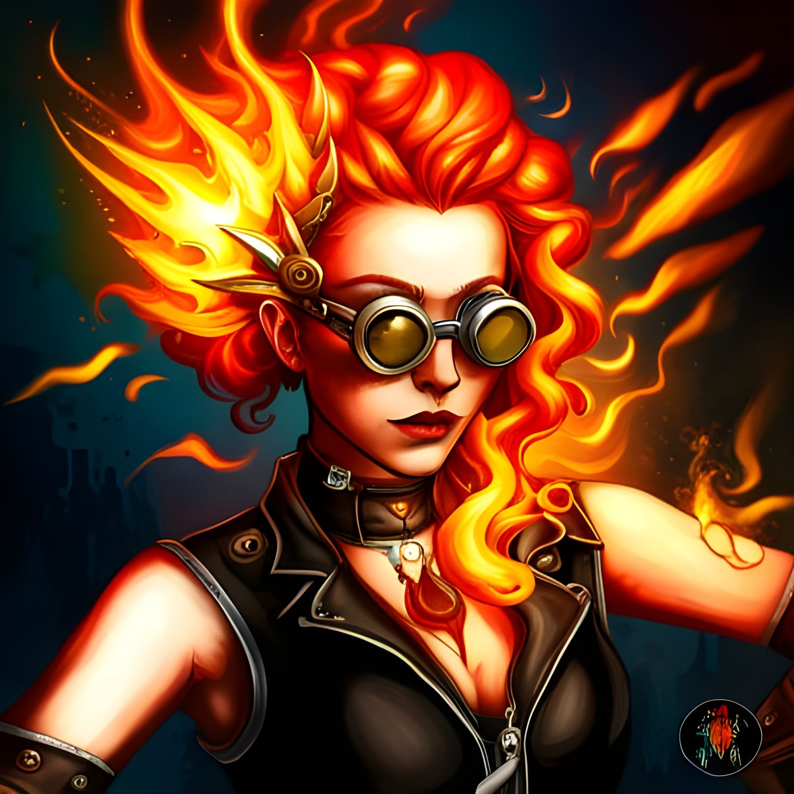 Fiery Goth Steampunk Girl with Golden Hair