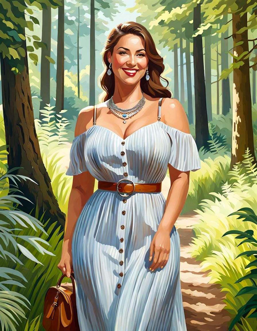 Elegant Woman in Forest, Oil Painting