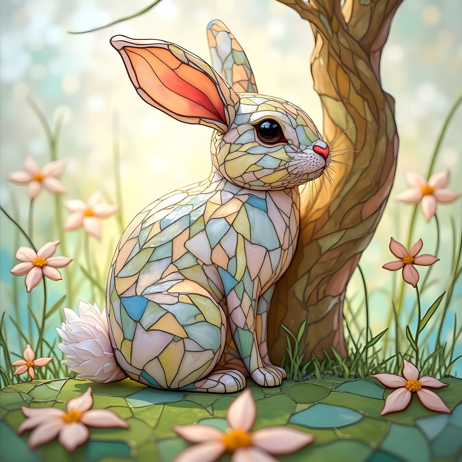 Whimsical Stained Glass Easter Bunny in a Dreamy Spring Morn...
