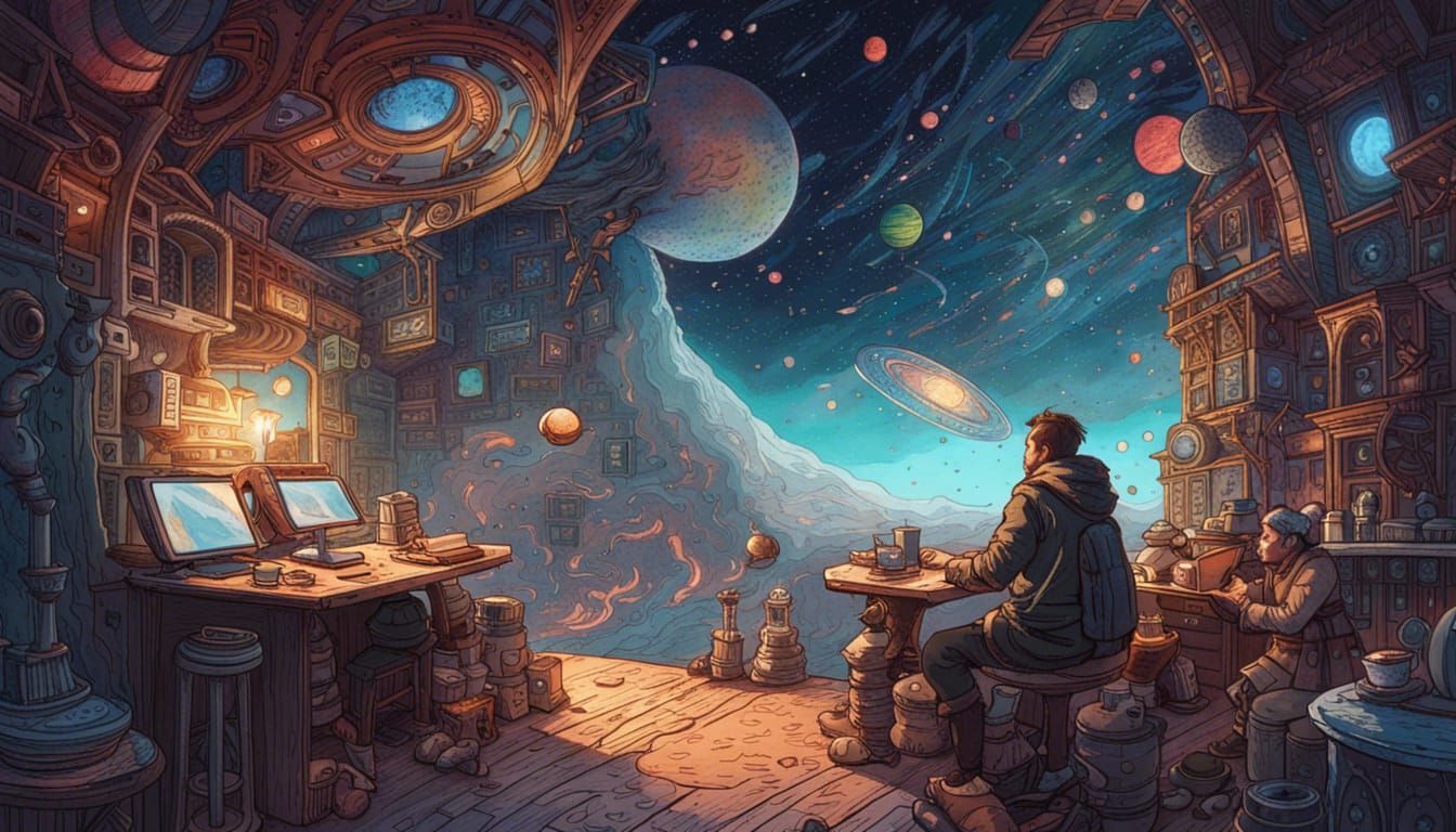 Cosmic Coffee Shop: A Watercolor Galaxy Dream