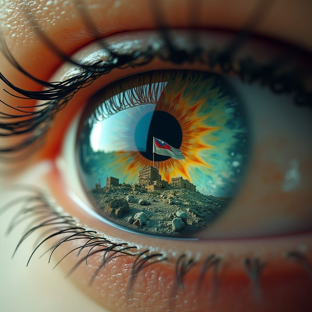 Vibrant Eyeball with Rainbow Hues Weeps Gaza in Ruins