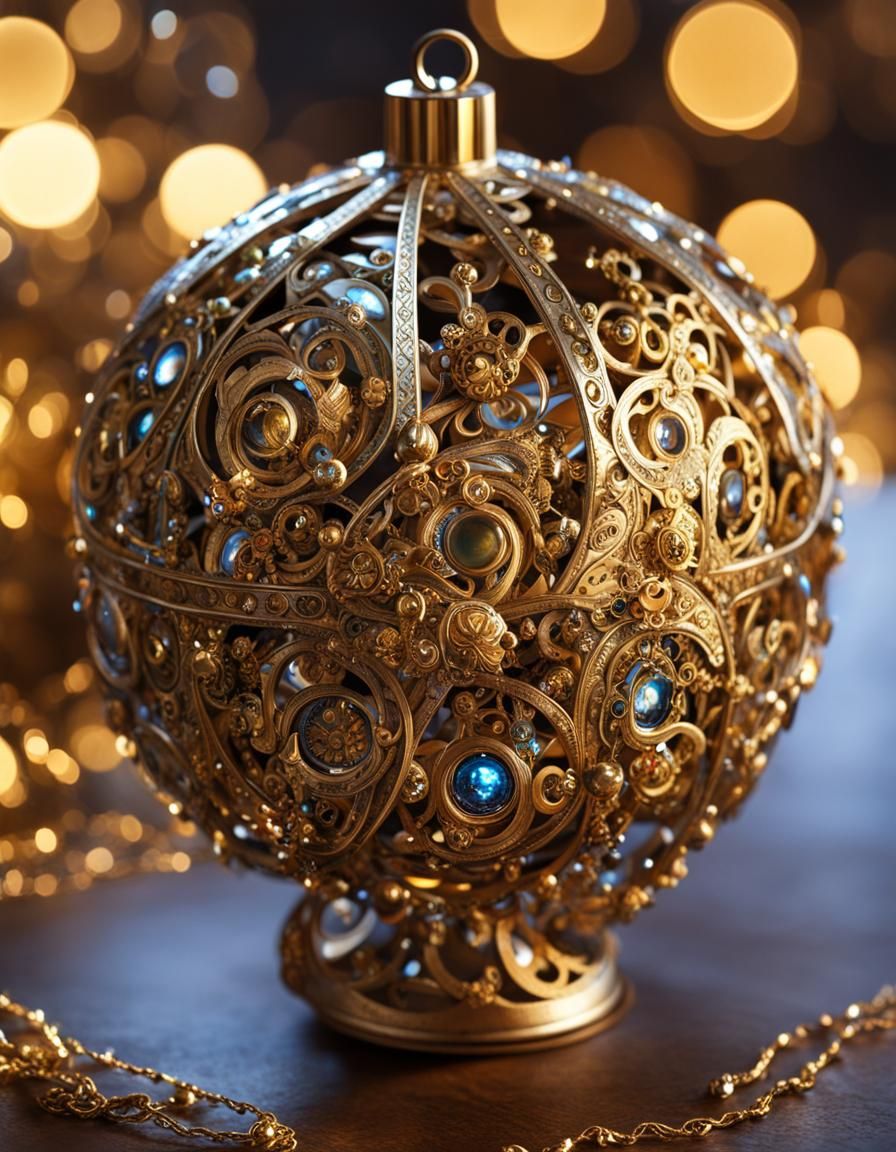 Ornate Steampunk Christmas Ornament in Golden Hour