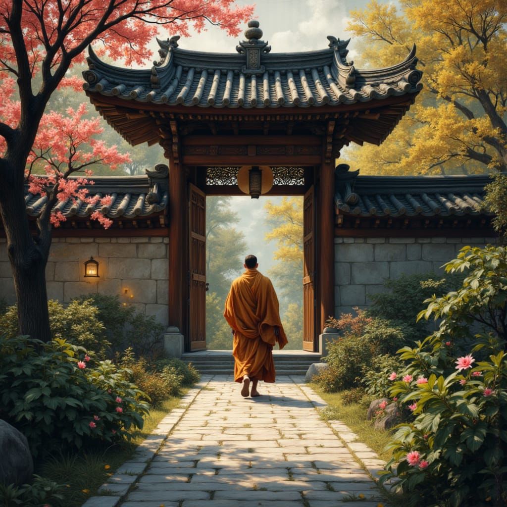 Monk in Zen Garden with Brushed Oils