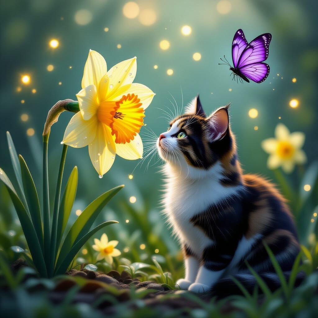 Calico Cat and Glowing Daffodil in Magical Forest