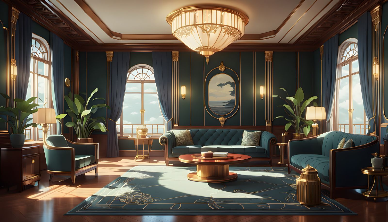 Elegant Art Deco Interior in Studio Ghibli Style