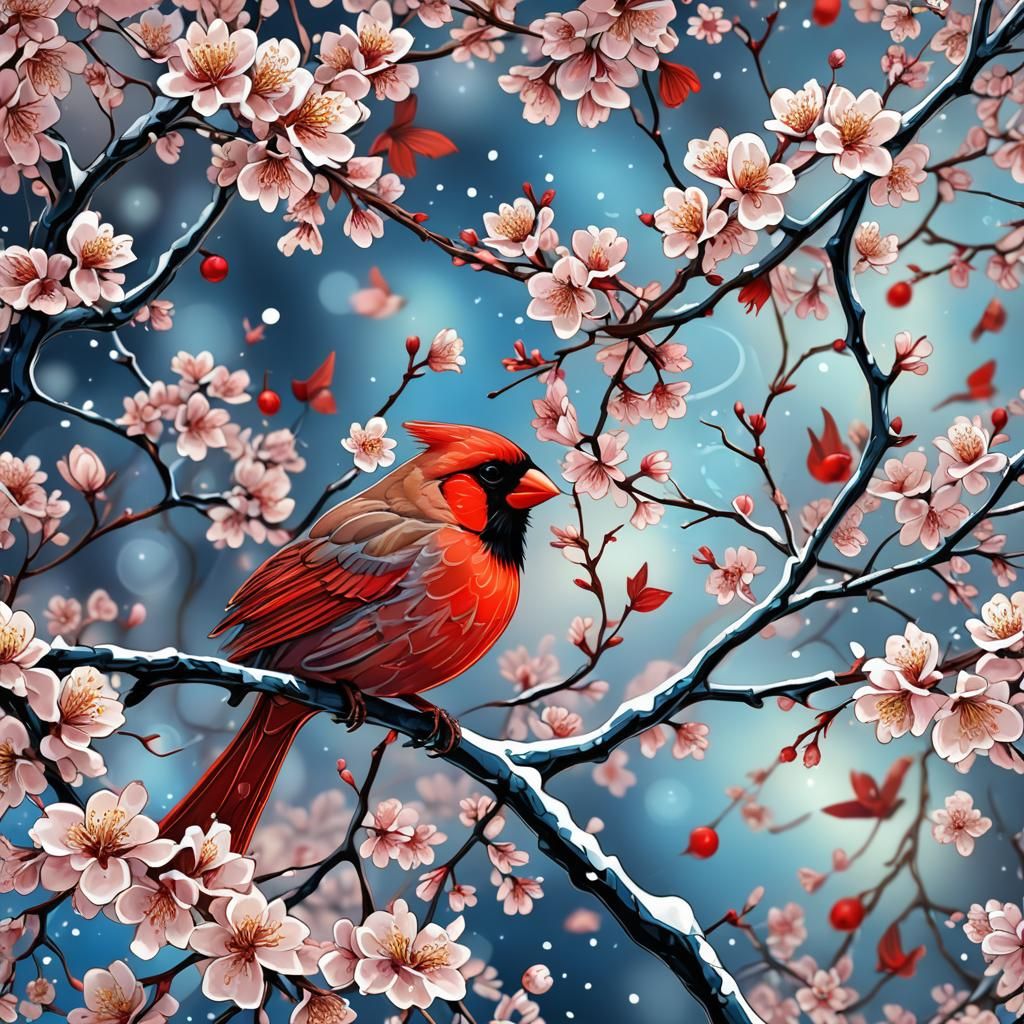 Cardinal with Cherry Blossoms in Abstract Fractal Art