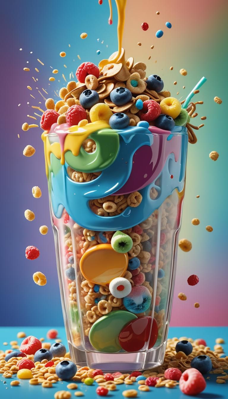 Hyperrealistic Cereal Milkshake with Toppings Splash Art