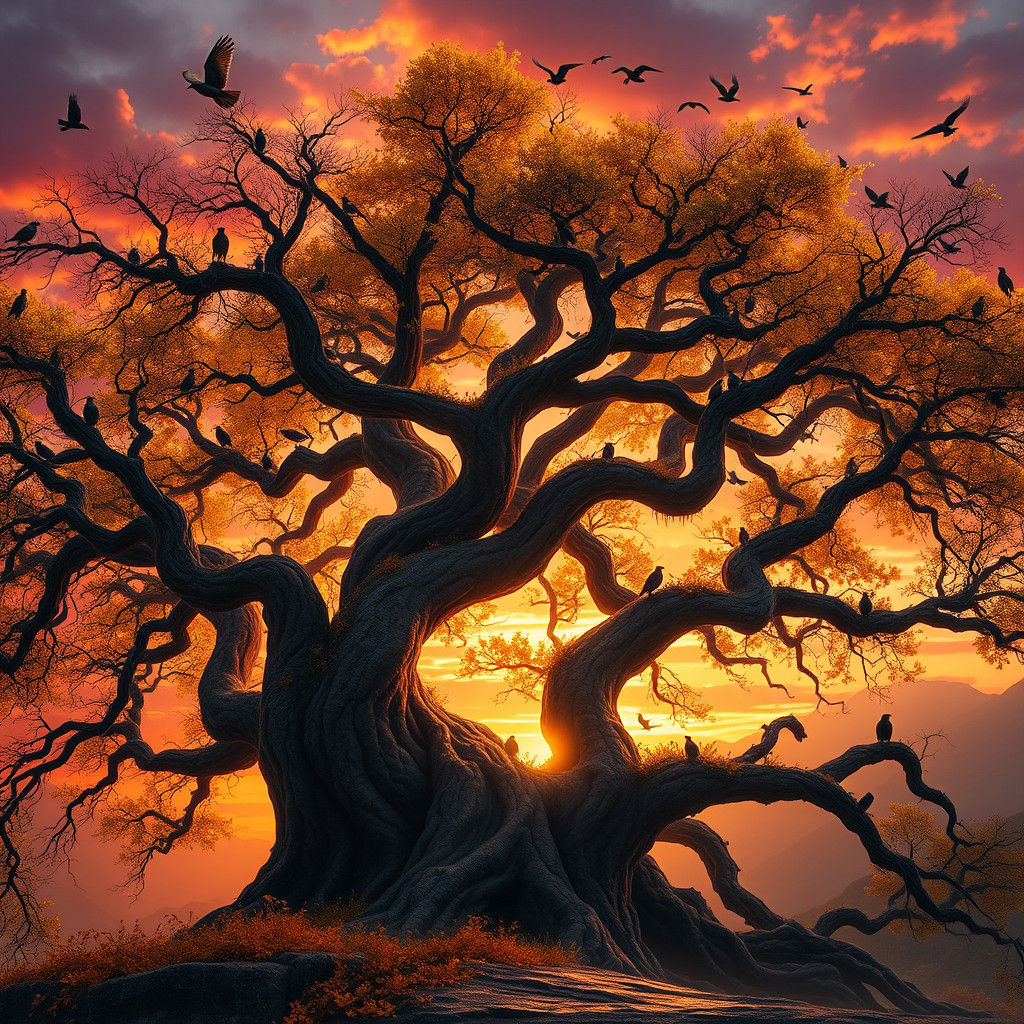 Majestic Ancient Tree with Golden Leaves and Birds