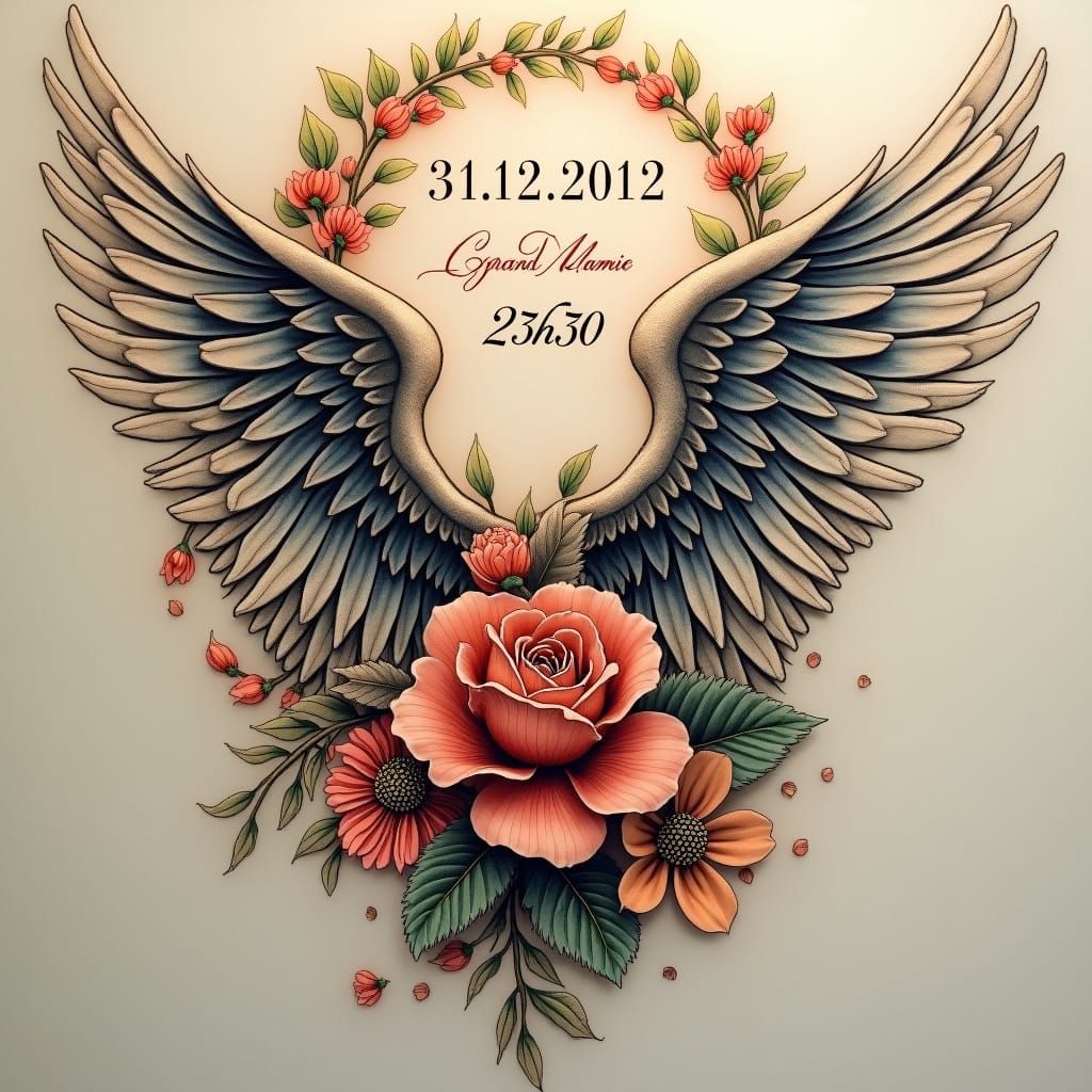 Angel Wings Tattoo Design with Date and Name