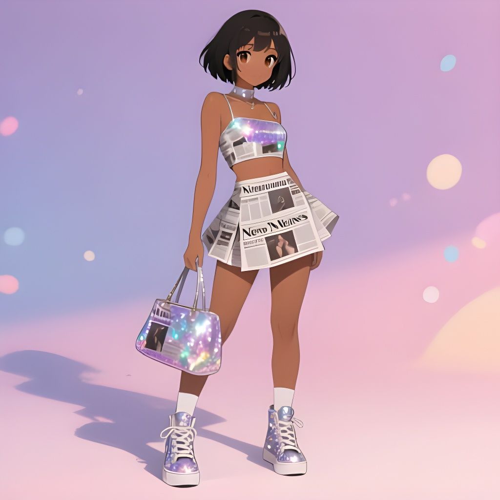 Anime Woman in Sparkly Paper News Outfit