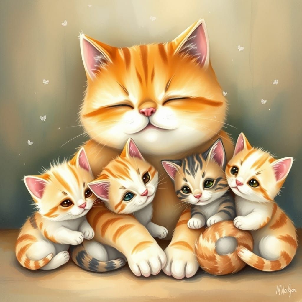 Whimsical Family Portrait of a Cat Mother and Her Kittens
