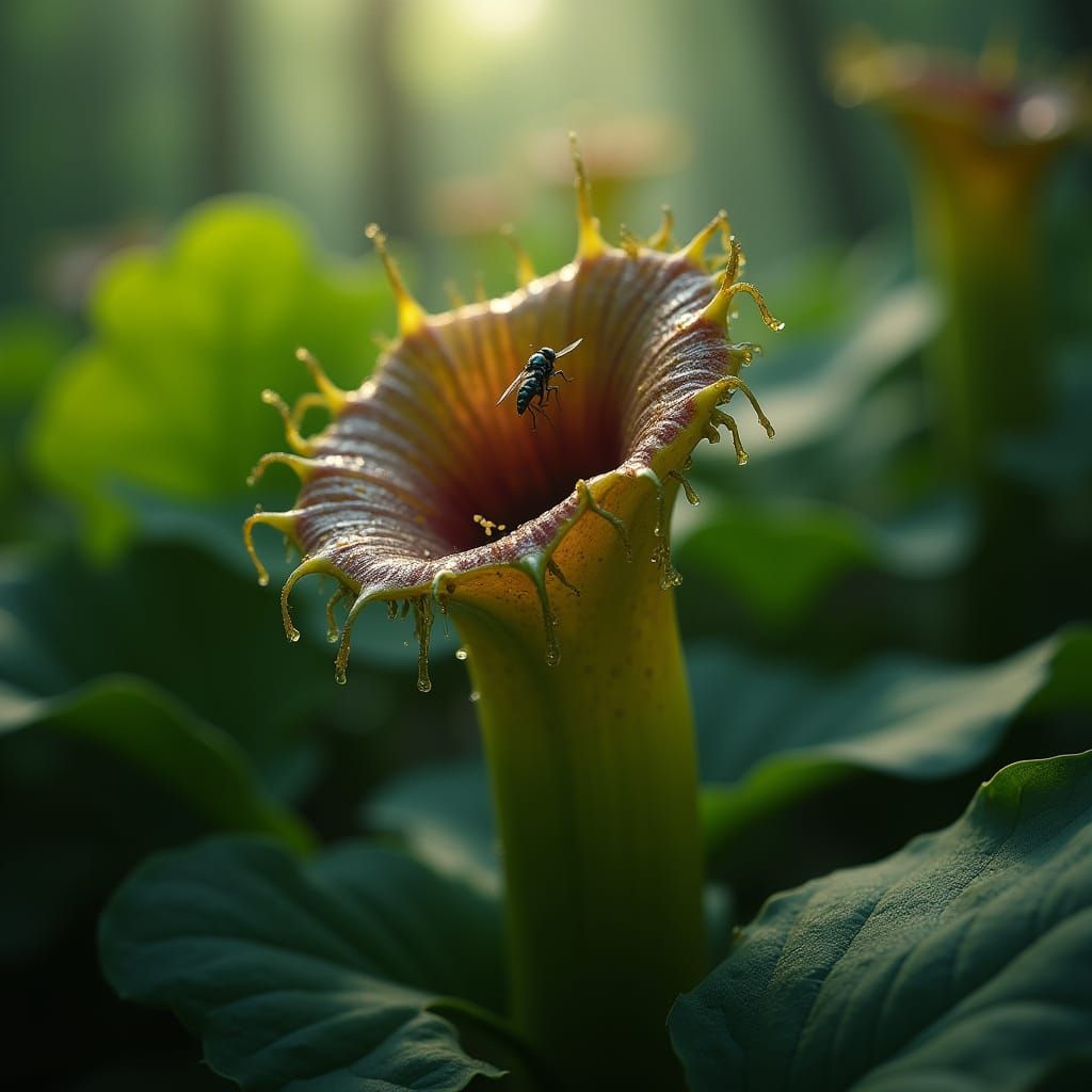 Cinematic Pitcher Plant Macro in Serene Nature Scene