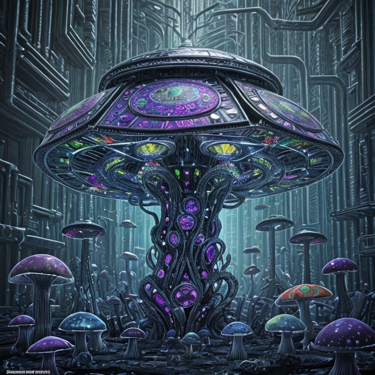 Gigeresque Metallic Mushrooms in a Psychedelic Urban Landsca...