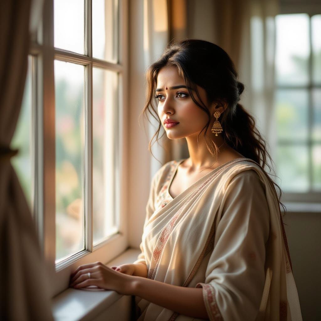 Young Indian Woman in Soft Light, Reflective Mood