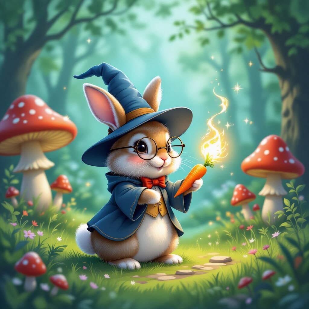 Fluffy Rabbit Wizard Casting Spell in Magical Forest