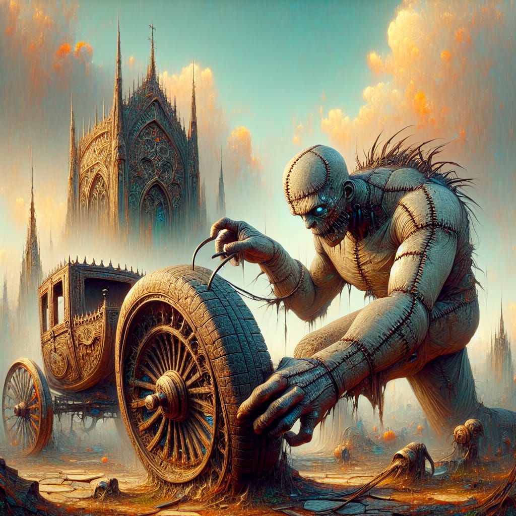 Frankenstein's Creature Kicks Tire on Hearse in Matte Painti...