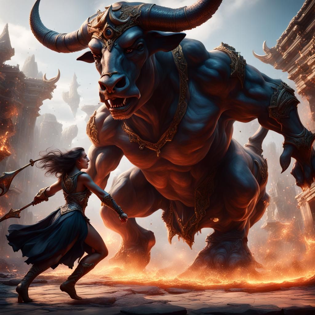 Sorceress Battles a Minotaur in Fantasy Art