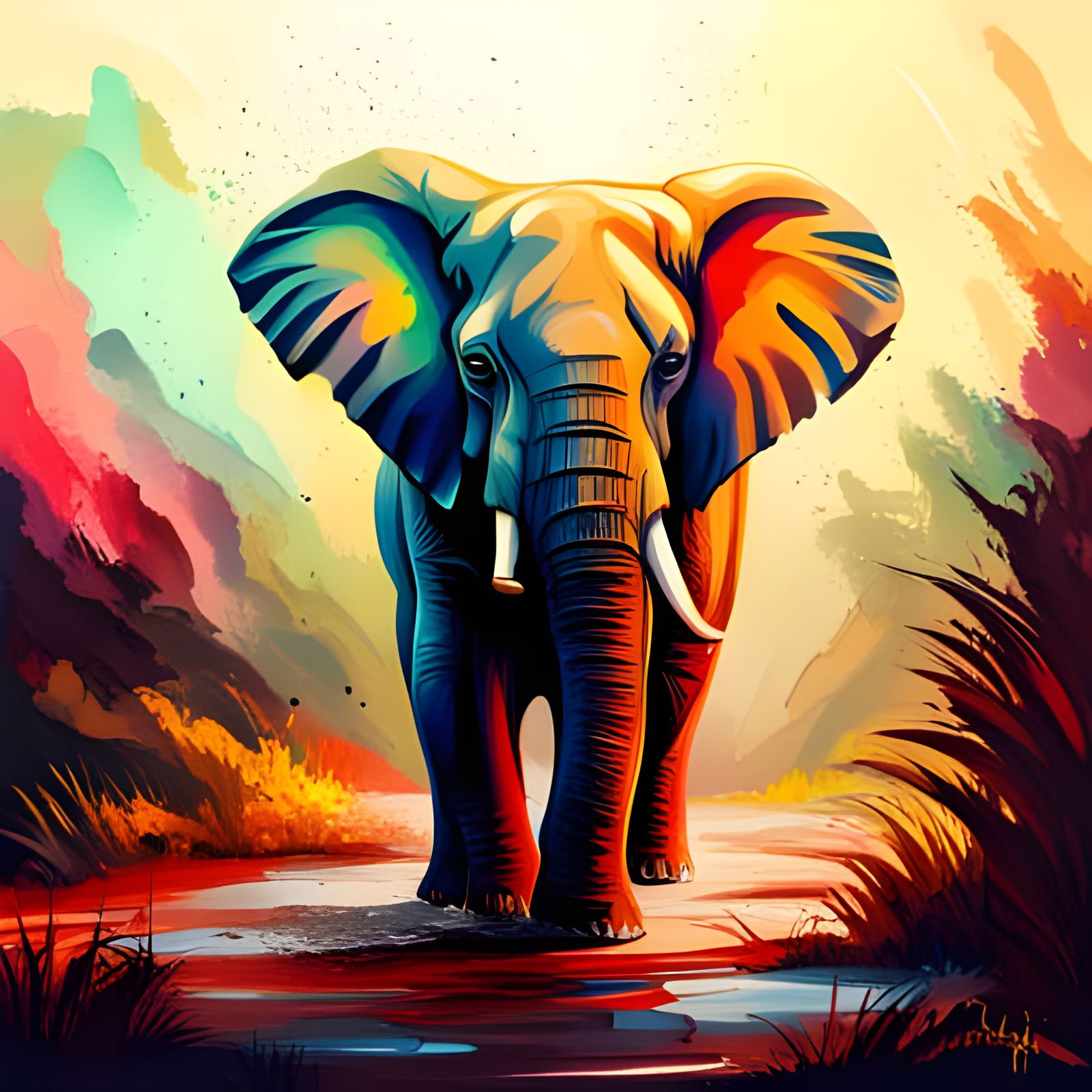 Vibrant Abstract Baby Elephant Splash Paint Art