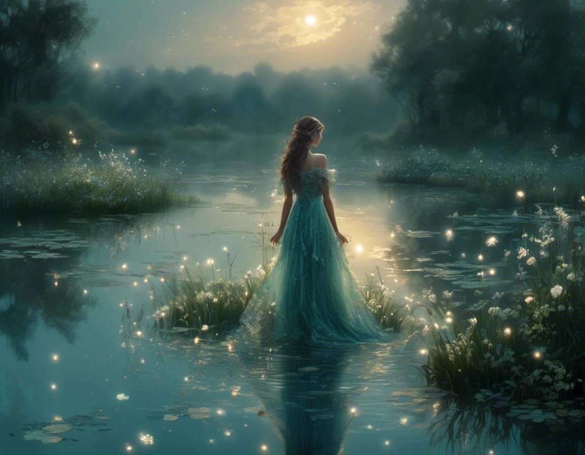 Ethereal Moonlit Pond Reflection in Oil Painting Style