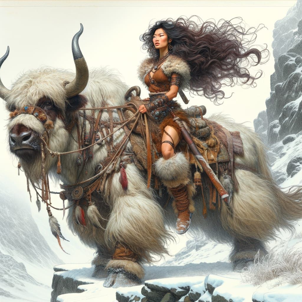Barbarian Warrior Woman Rides War Yak on Snowy Ledge