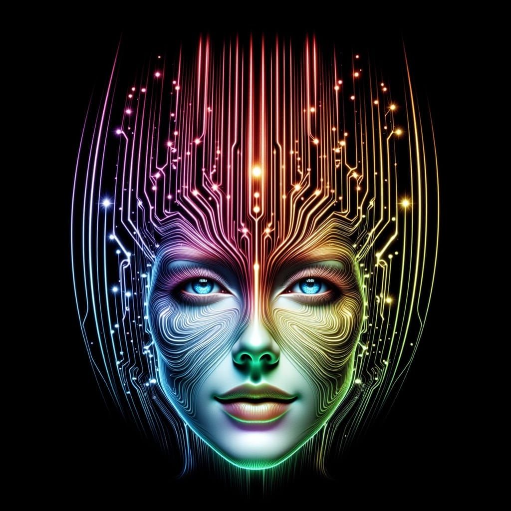 Photorealistic Woman Emerges from Symmetrical Circuit Board