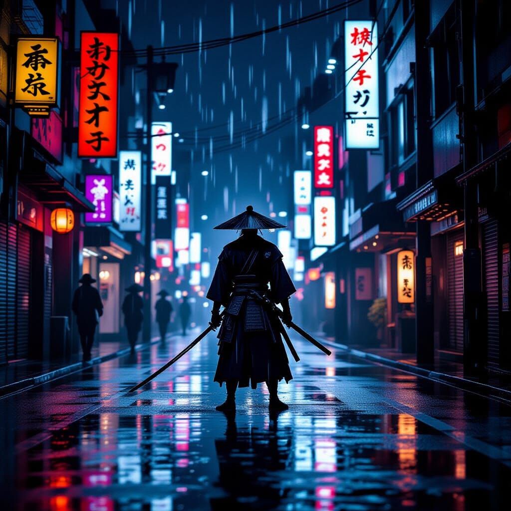 Lone Samurai Warrior in Neon Tokyo