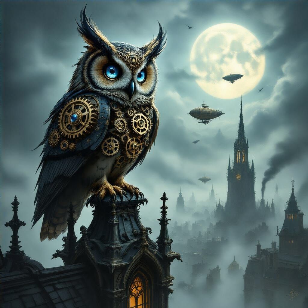 Clockwork Owl on Gothic Spire Over Steampunk City