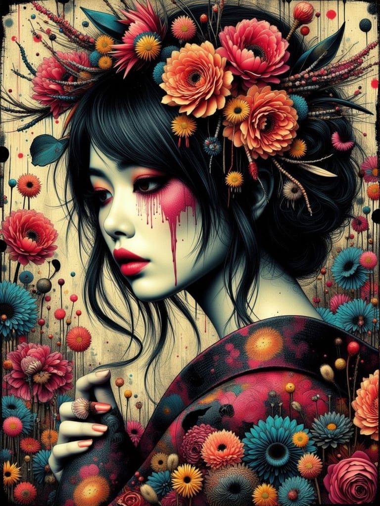 Ethereal Gothcore Geisha Portrait with Painterly Fields