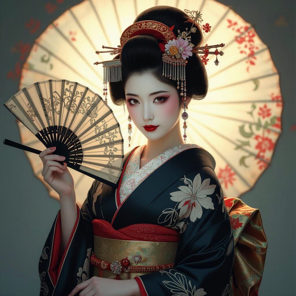 Elegant Geisha with Fan in Art Nouveau Style