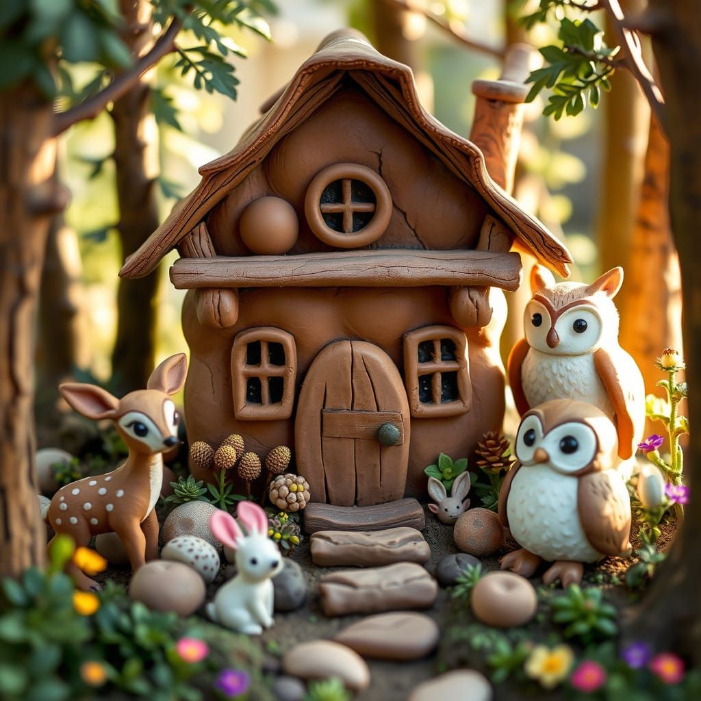 Cozy Whimsical Forest Scene in Terracotta Clay Style