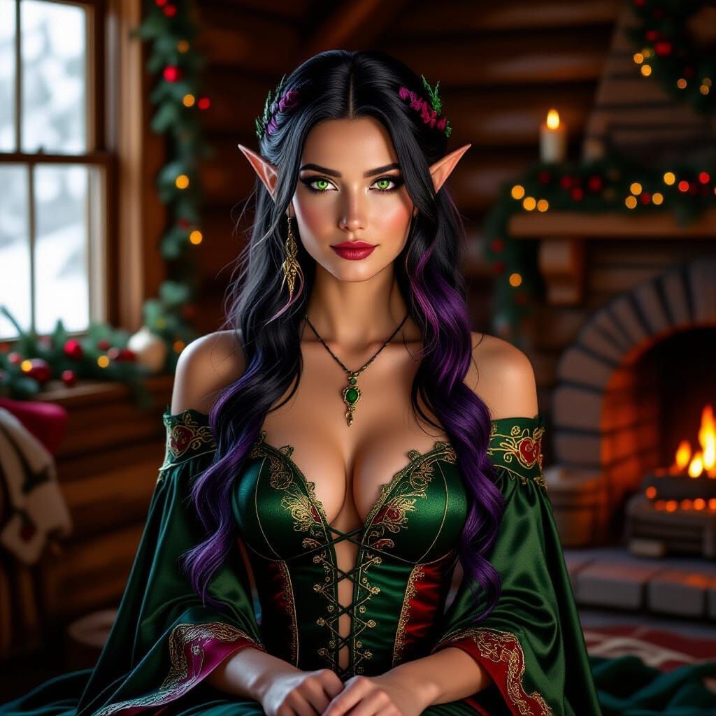 Elegant Elf in Festive Cabin