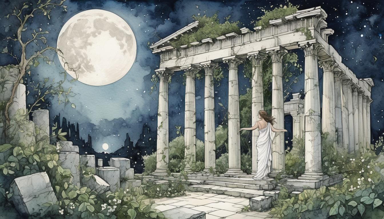 Greek Garden at Midnight in Rackham Style